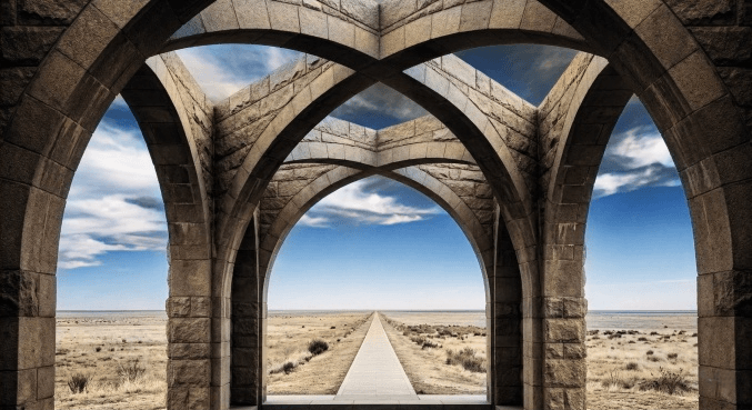 Stone arches frame a long, straight path stretching into a vast, desert landscape under a blue sky with wispy clouds, evoking a sense of our vision.