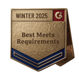 Gold and blue metallic badge or award emblem with embossed text reading “WINTER 2025” and “Best Meets Requirements,” featuring a red corner square with a stylized C² logo, isolated on a transparent background