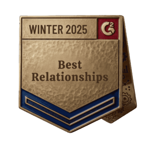 Gold and blue metallic badge or award emblem with embossed text reading “WINTER 2025” and “Best Relationships,” featuring a red corner square with a stylized C² logo, isolated on a transparent background