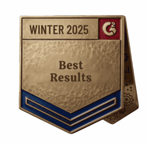 Gold and blue metallic badge or award emblem with embossed text reading “WINTER 2025” and “Best Results,” featuring a red corner square with a stylized C² logo, isolated on a transparent background