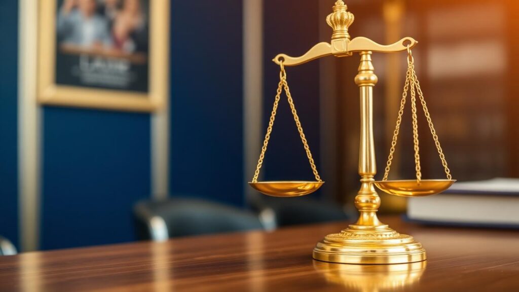 Golden scales of justice on a desk, representing legal balance, mediation, and compliance